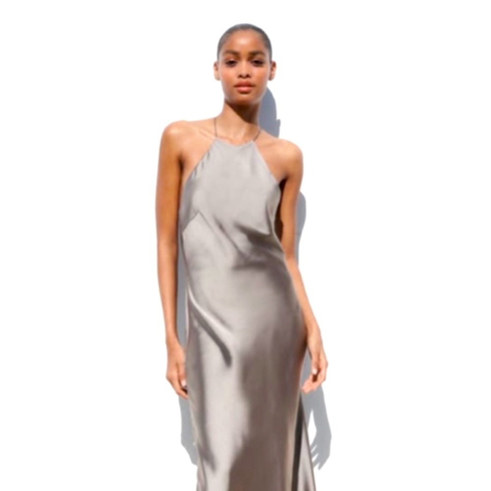 ZARA SATIN LINGERIE STYLE DRESS - CHARCOAL
